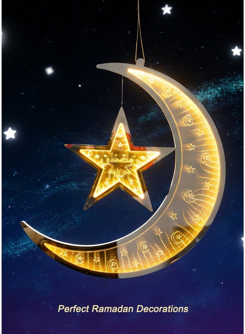 XIANYE Ramadan Large Crescent Moon Hanging LED Light, 19 Inches Mosque Eid Mubarak Window Light Plug Powered Warm White Crafts Light with Star Ornament, Big Shining Decoration LED Fairy Light for Home Party, Muslims, Islamic Festive Gift - Image 1